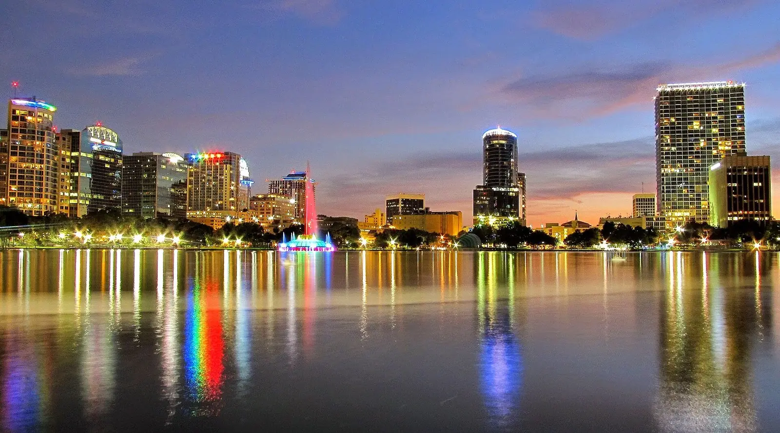 Downtown Orlando skyline over Lake Eola at dusk